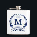 Usher Initials Hip Flask<br><div class="desc">These 6 oz. flasks are a great favour for the ushers in your wedding.  They are traditional yet modern with a blue laurel wreath and banner with the wedding date,  title/job and first initial and first name all in blue.  They'd be great for a bachelor party or weekend.</div>