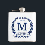 Usher Initials Hip Flask<br><div class="desc">These 6 oz. flasks are a great favour for the ushers in your wedding.  They are traditional yet modern with a blue laurel wreath and banner with the wedding date,  title/job and first initial and first name all in blue.  They'd be great for a bachelor party or weekend.</div>