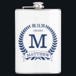 Usher Initials Hip Flask<br><div class="desc">These 8 oz. flasks are a great favour for the ushers in your wedding.  They are traditional yet modern with a blue laurel wreath and banner with the wedding date,  title/job and first initial and first name all in blue.  They'd be great for a bachelor party or weekend.</div>