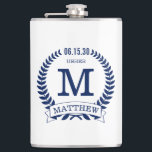 Usher Initials Hip Flask<br><div class="desc">These 8 oz. flasks are a great favour for the ushers in your wedding.  They are traditional yet modern with a blue laurel wreath and banner with the wedding date,  title/job and first initial and first name all in blue.  They'd be great for a bachelor party or weekend.</div>