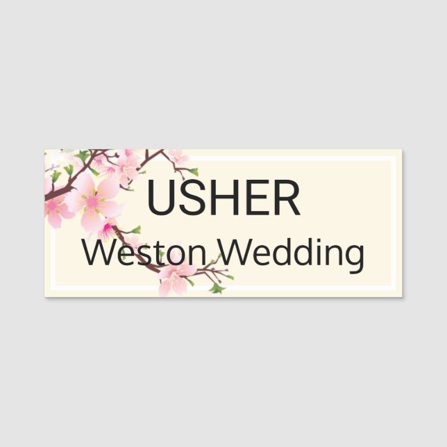 Usher Wedding Cherry Blossoms Magnetic Back Name Tag (Front)