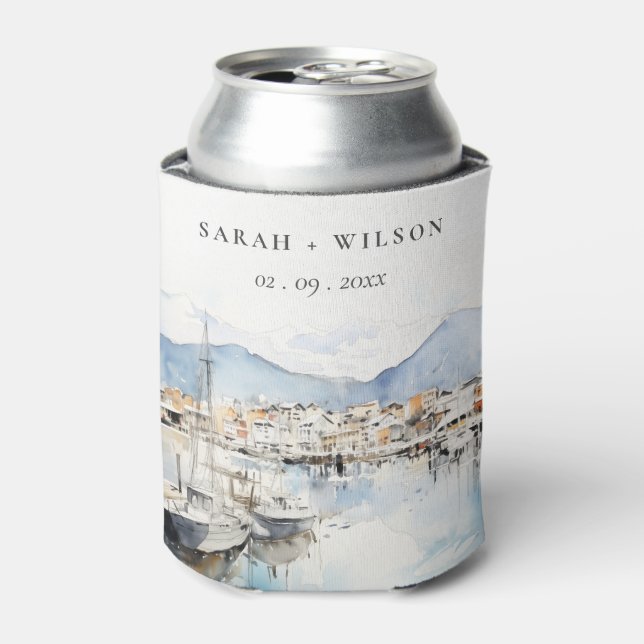 Ushuaia, Argentina Watercolor Landscape Wedding Can Cooler (Can Front)