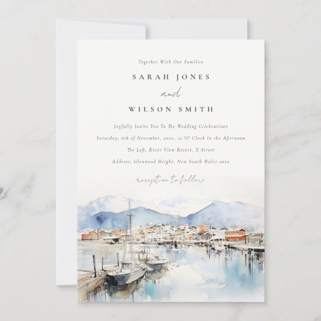 Ushuaia, Argentina Watercolor Landscape Wedding Invitation (Front)