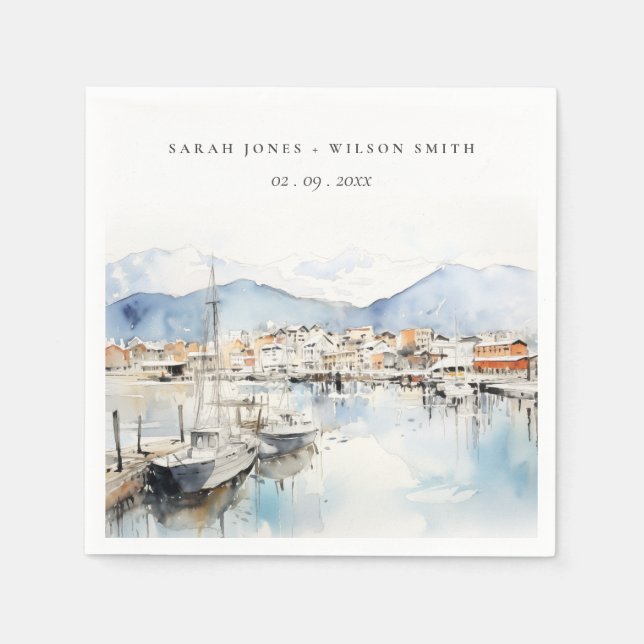 Ushuaia, Argentina Watercolor Landscape Wedding Napkin (Front)