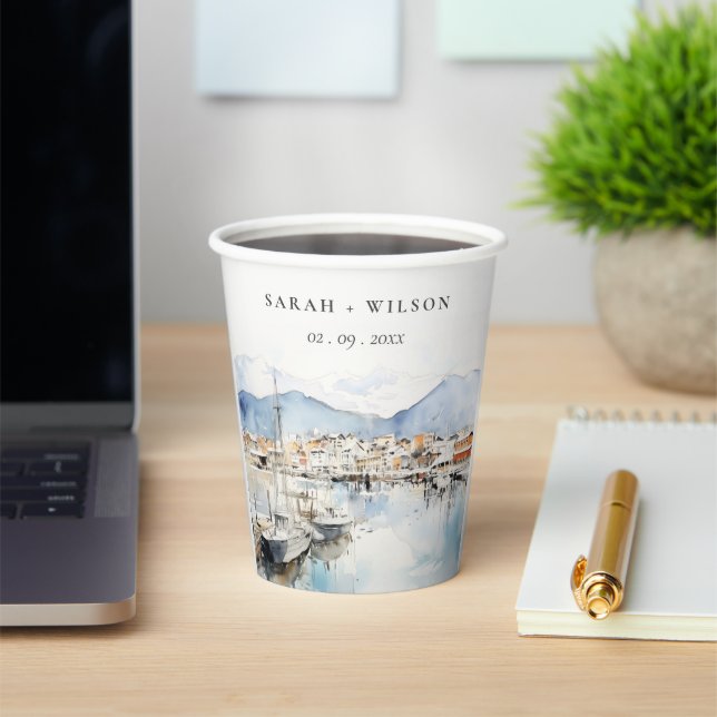 Ushuaia, Argentina Watercolor Landscape Wedding Paper Cups (Insitu)