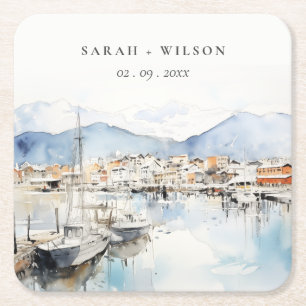 Ushuaia, Argentina Watercolor Landscape Wedding Square Paper Coaster