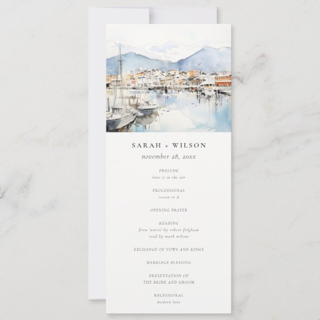 Ushuaia, Argentina Watercolor Scape Wedding Menu Invitation (Front)