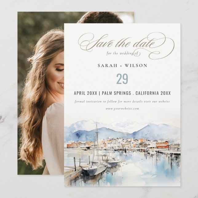 Ushuaia, Argentina Watercolor Scape Wedding Photo Save The Date (Front/Back)