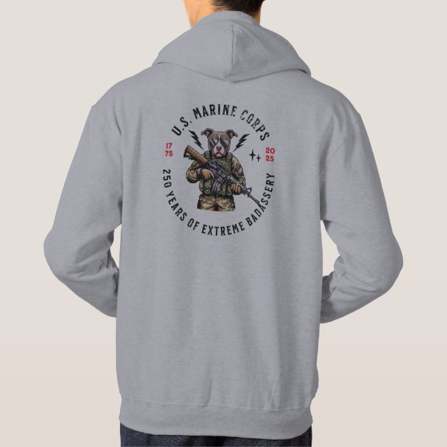 USMC 250 Years of Badassery Camo Dog Hoodie (Back)