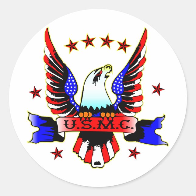 USMC Old School Red White & Blue Eagle Tattoo Classic Round Sticker (Front)