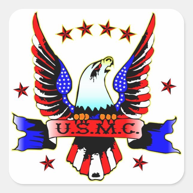USMC Old School Red White & Blue Eagle Tattoo Square Sticker (Front)