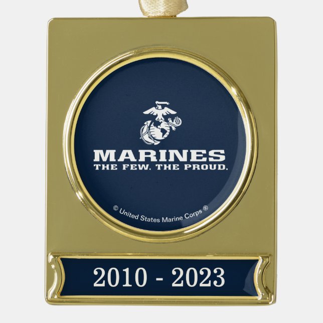 USMC The Few The Proud Logo Stacked - White Gold Plated Banner Ornament (Front)