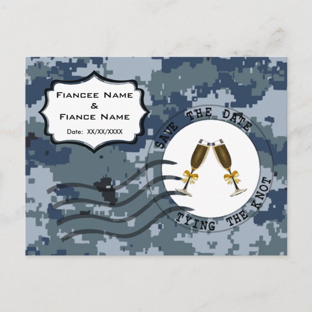USN Navy Save the Date & Champagne Glasses Announcement Postcard (Front)
