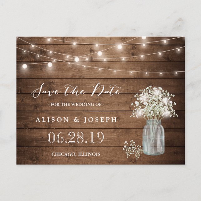 (USPS) Baby's Breath String Lights Save the Date Announcement Postcard (Front)
