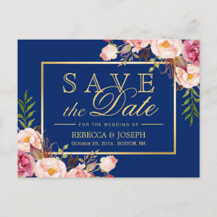 (USPS) Pink Floral Gold Navy Blue Save the Date Announcement Postcard