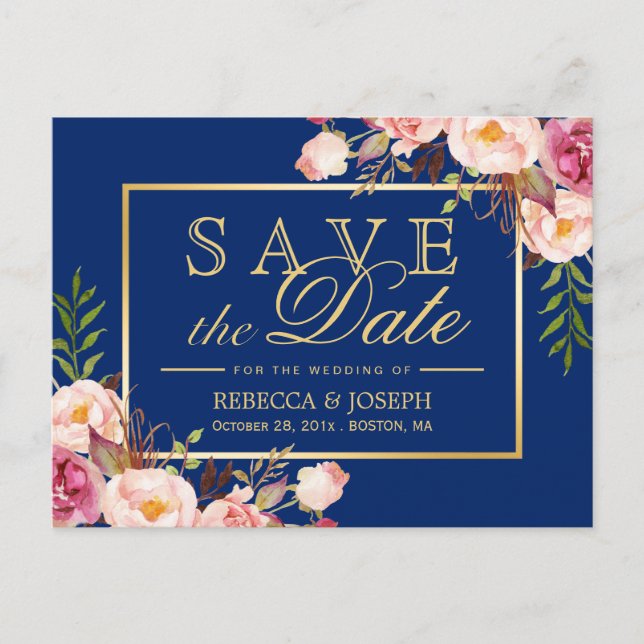 (USPS) Pink Floral Gold Navy Blue Save the Date Announcement Postcard (Front)