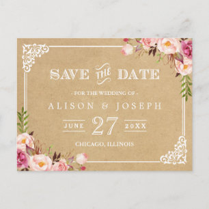 (USPS) Rustic Floral Kraft Wedding Save the Date Announcement Postcard