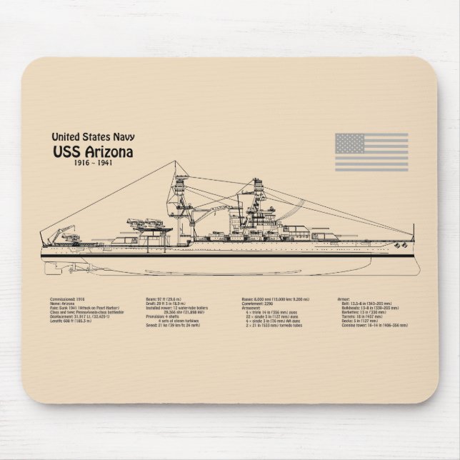 USS Arizona - Ship Blueprint Plans SD Mouse Pad (Front)