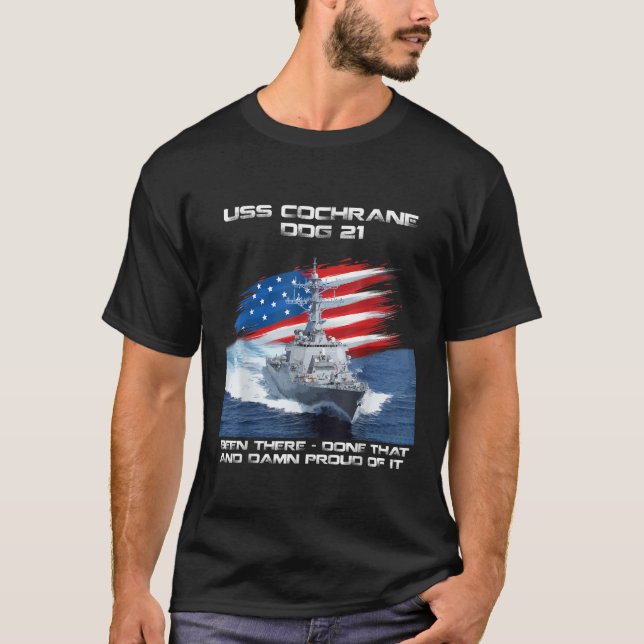 USS Cochrane DDG 21 Destroyer Ship USA Flag Vetera T-Shirt (Front)