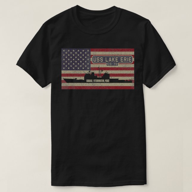 USS Lake Erie CG70 Cruiser Ship USA American Flag  T-Shirt (Design Front)