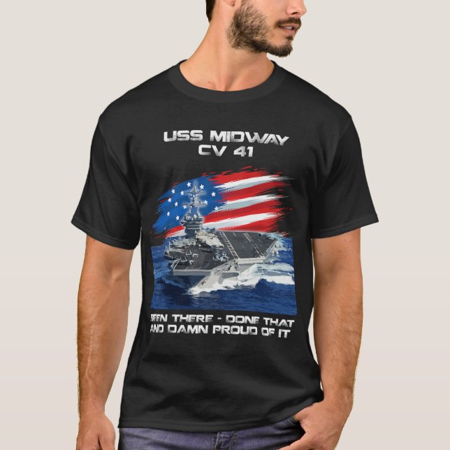 USS Midway CV 41 Aircraft Carrier Veteran USA Flag T-Shirt (Front)