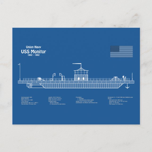 USS Monitor - Ship Blueprint Plans ABD Postcard (Front)