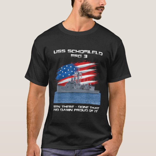 USS Schofield FFG 3 Class Frigate American Flag Ve T-Shirt (Front)