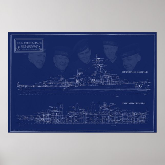 USS The Sullivans blueprint with brothers Poster (Front)