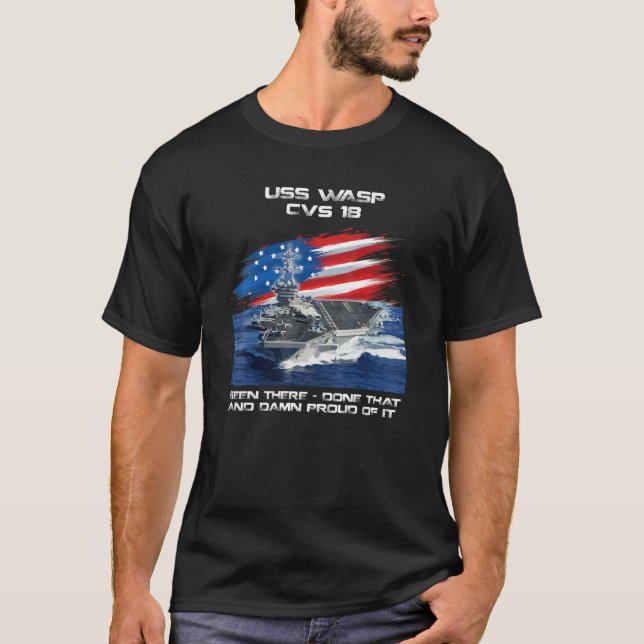 USS Wasp CVS-18 Aircraft Carrier Veteran USA Flag  T-Shirt (Front)