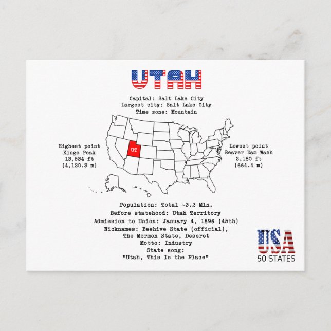 Utah American state on a map and useful info Holiday Postcard (Front)