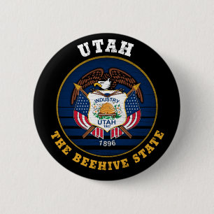 UTAH BEEHIVE STATE FLAG 6 CM ROUND BADGE
