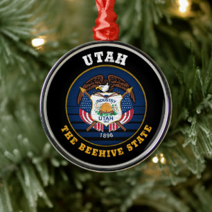 UTAH BEEHIVE STATE FLAG METAL ORNAMENT