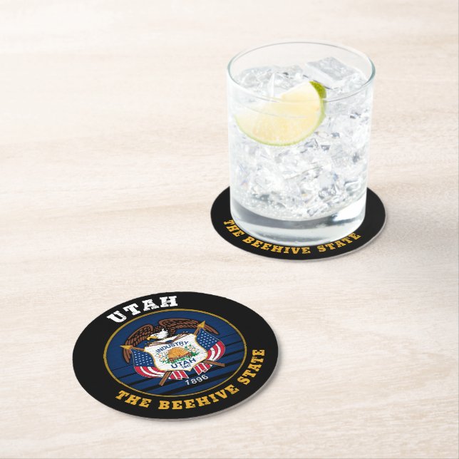 UTAH BEEHIVE STATE FLAG ROUND PAPER COASTER (Insitu)