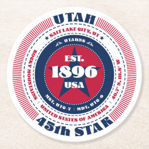 Utah Red White Blue Typography Round Paper Coaster