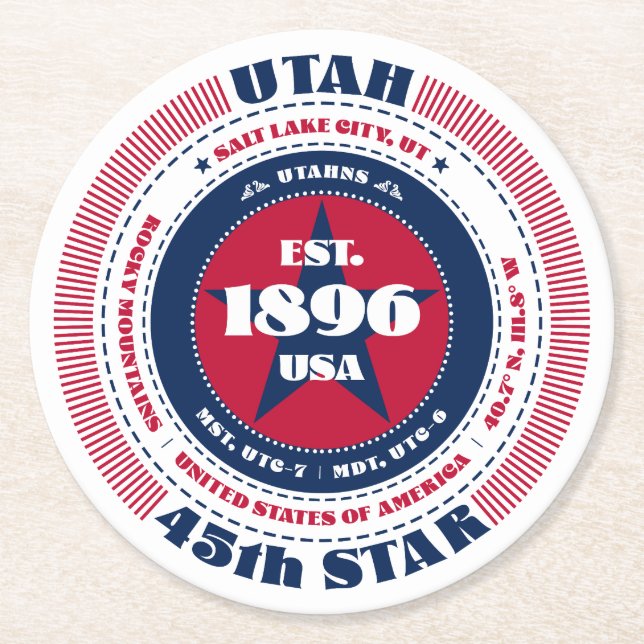 Utah Red White Blue Typography Round Paper Coaster (Front)