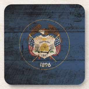Utah State Flag on Old Wood Grain Coaster