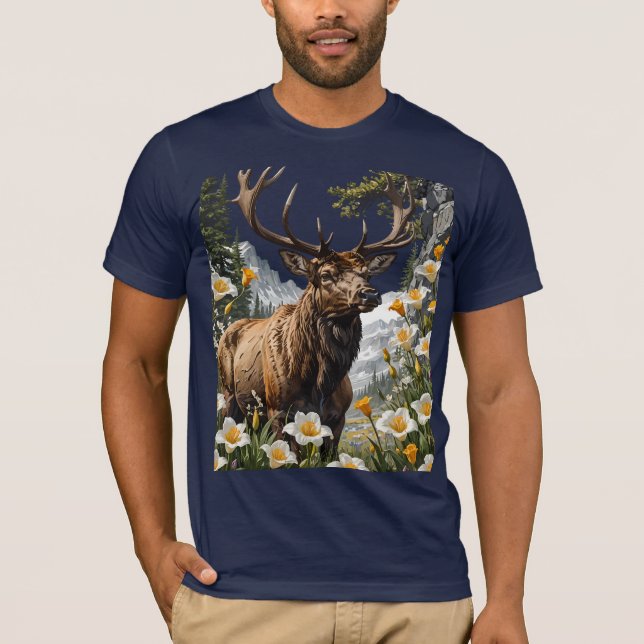 Utahn Elk Surrounded By Sego Lily Flowers T-Shirt (Front)