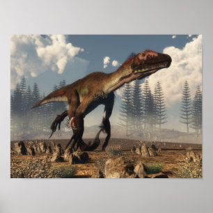 Utahraptor dinosaur in the desert - 3D render Poster