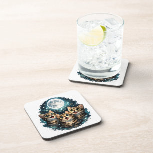 ute Tabby Cats Moon & Stars Hard Plastic Coaster