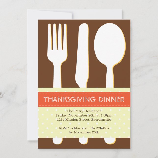 Utensil place setting orange brown thanksgiving invitation (Front)