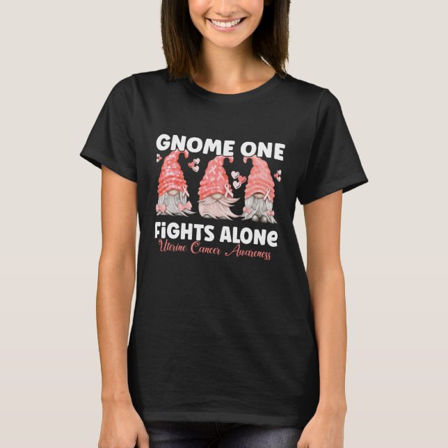 Uterine Cancer Peach Ribbon Gnome T-Shirt (Front)