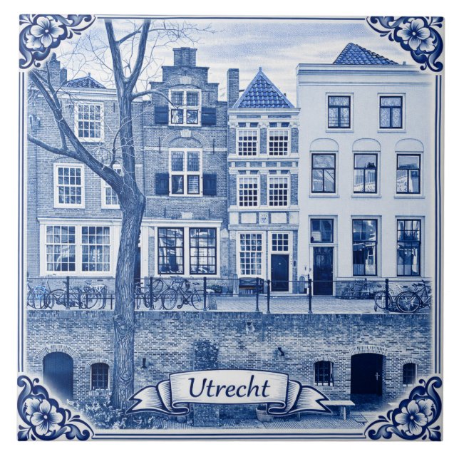Utrecht canal houses Delft Blue style ceramic tile (Front)