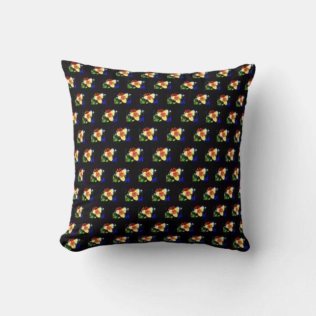 uunusual black with yellow and red flower pattern cushion (Front)