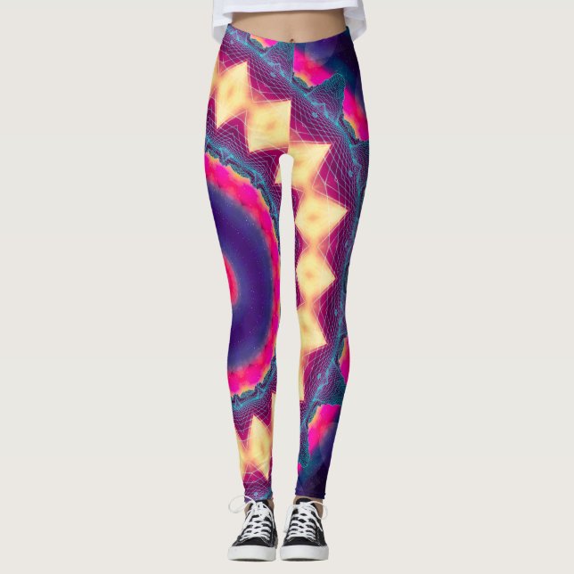UV Reactive Neon Glow Flower Boho Rave Mandala Leggings (Front)