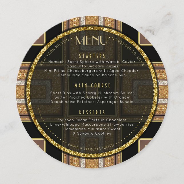 V1 Art Deco Gold  Round Wedding  Menu Card (Front)