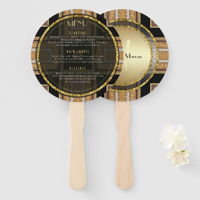 V1 Art Deco Gold  Round Wedding  Menu Card Hand Fan (Front and Back)