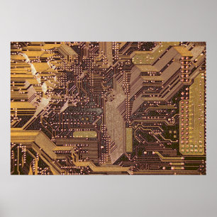 V1/V2 Gold Cyber Circuits, Cyberpunk Tech Poster