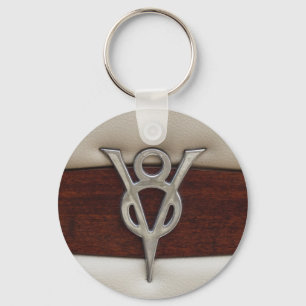 V8 Chrome Emblem Leather and Wood Key Ring