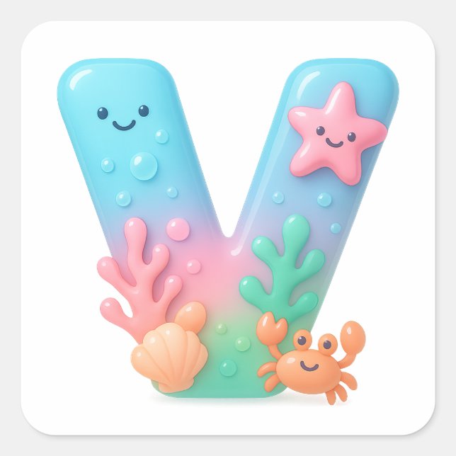 "V" Cute Letter - Underwater Sea Creature  Square Sticker (Front)