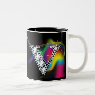 "V" Diamond Bling on Rainbow Swirl Mug